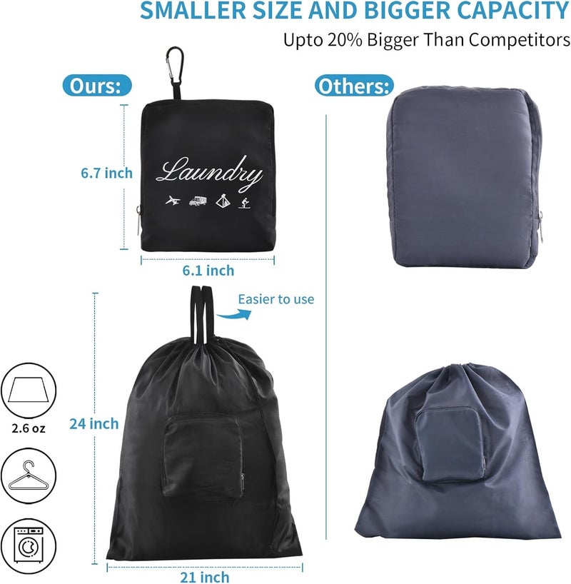 JHX 2 Pcs Travel Laundry Bags, Dirty Clothes Organizer【Upgraded】with Handles and Aluminum Carabiner for Travel, Camp, Fitness, and Students (Black&Grey) 24"L x 21"W - Image 2